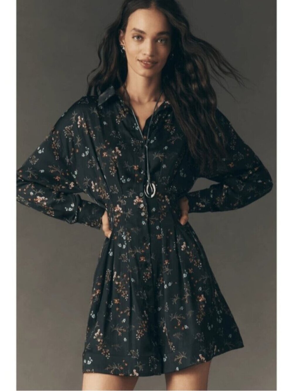 NWT Size L -The Tobie Long-Sleeve Satin Mini Shirt Dress by Exquise (US$198) - Picture 1 of 16